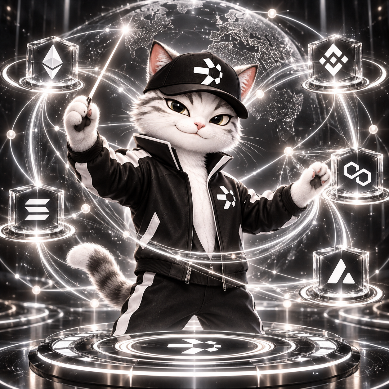 Quant Cat conducting glowing connections between blockchain networks