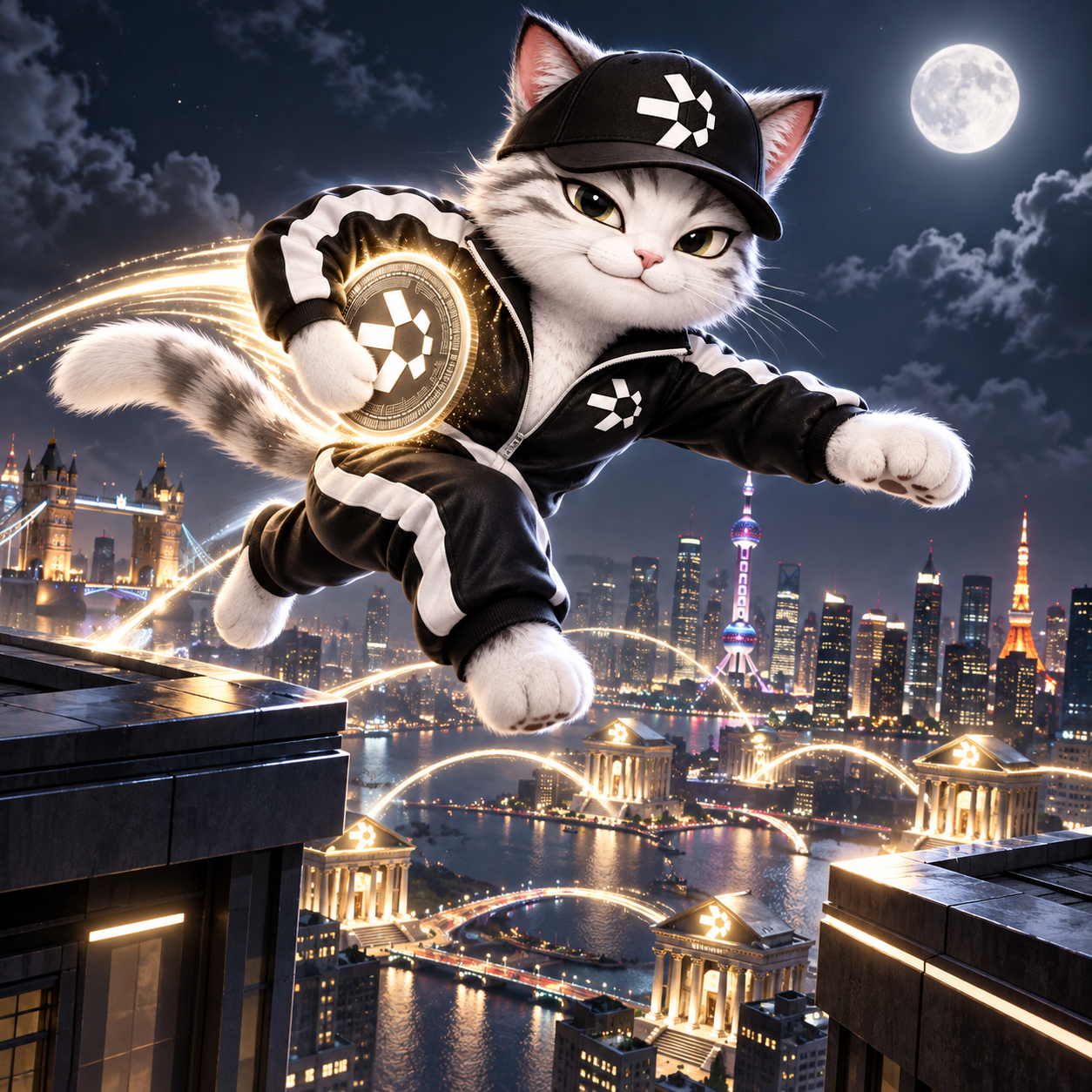 Quant Cat carrying a token across a connected city