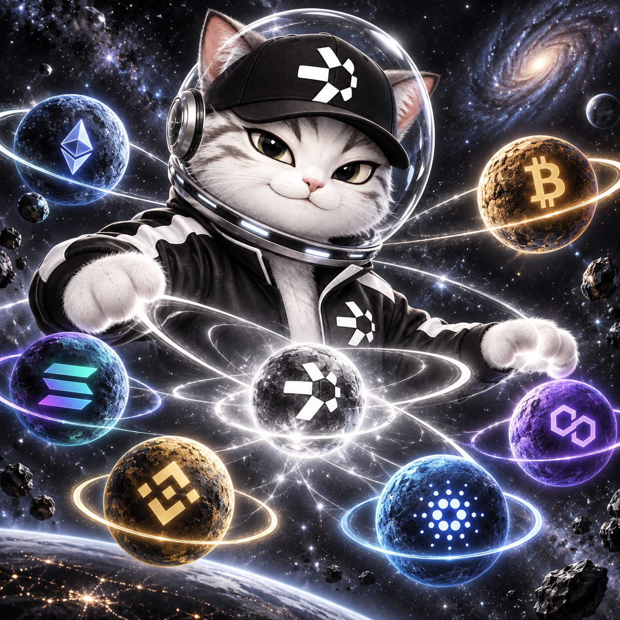 Quant Cat aligning blockchain planets in space
