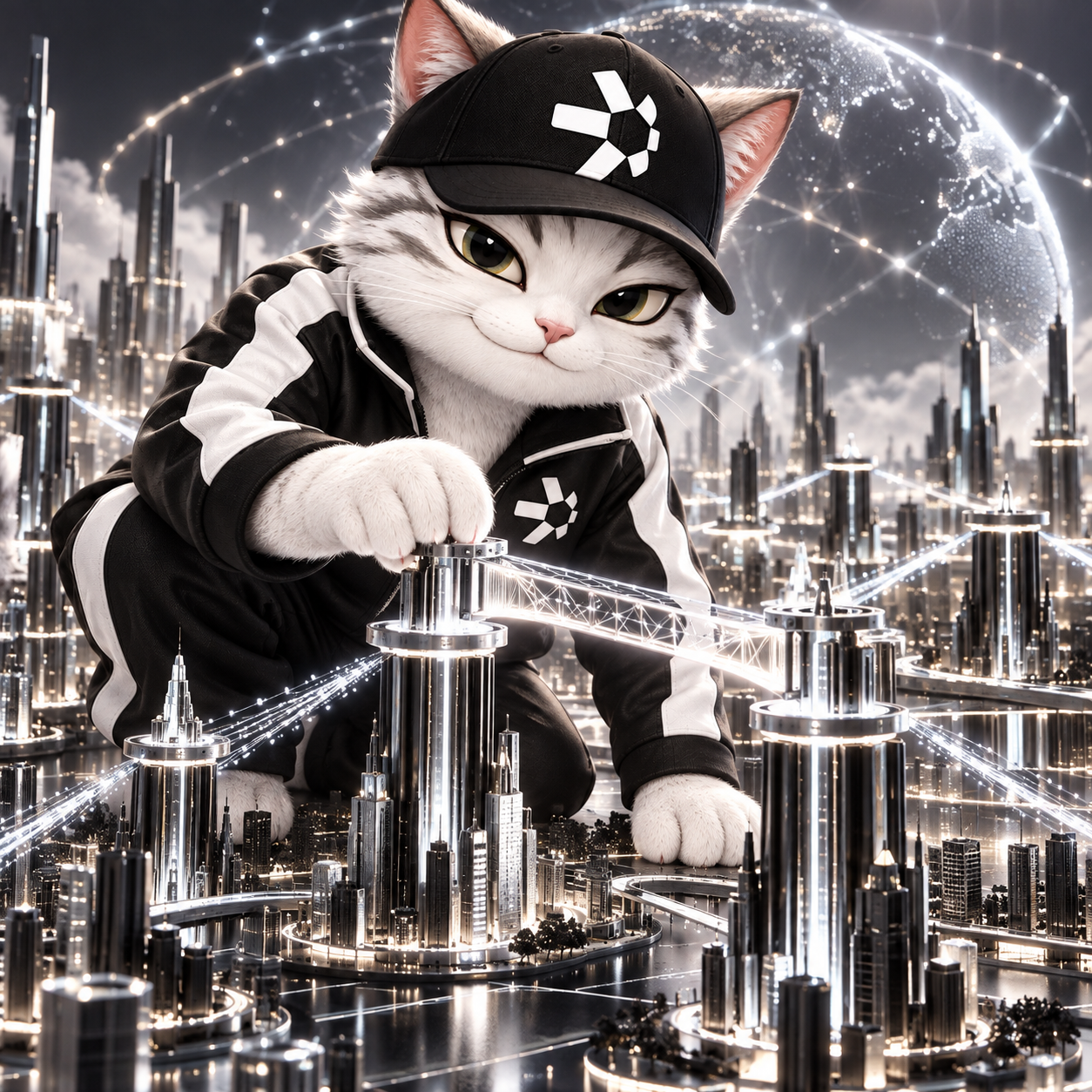 Quant Cat building a luminous bridge between network towers
