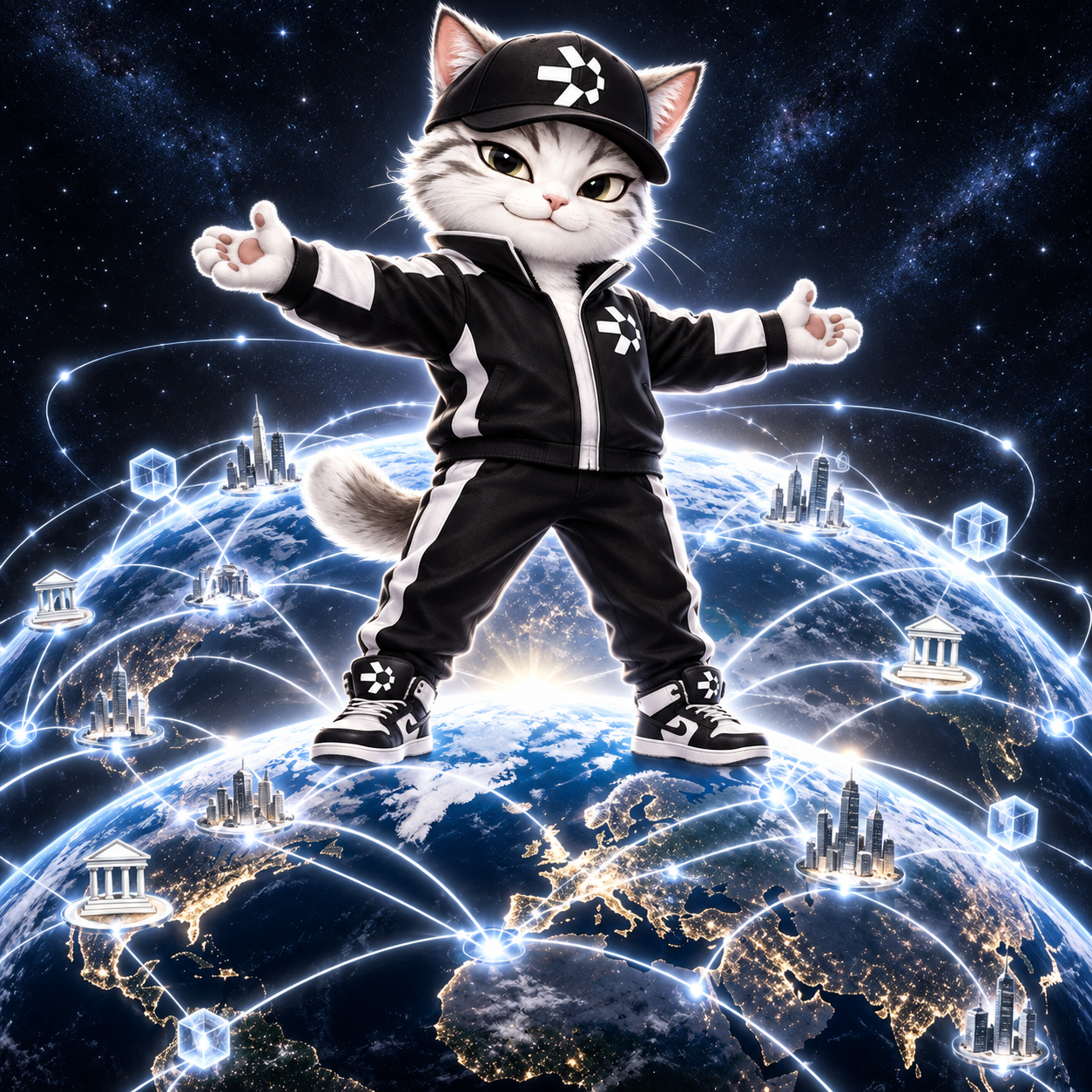 Quant Cat standing above a globally connected world
